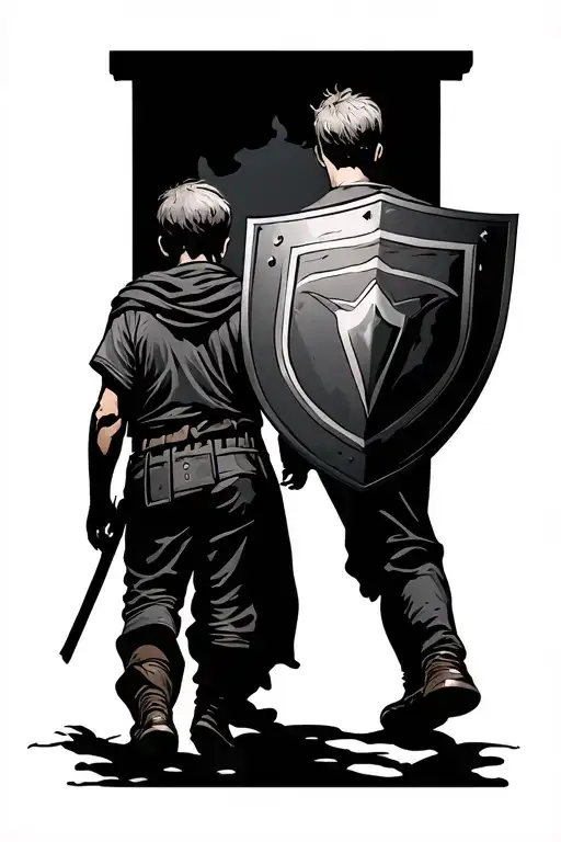 shield dad and son walking tattoo design idea