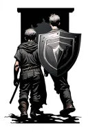 shield dad and son walking tattoo design idea