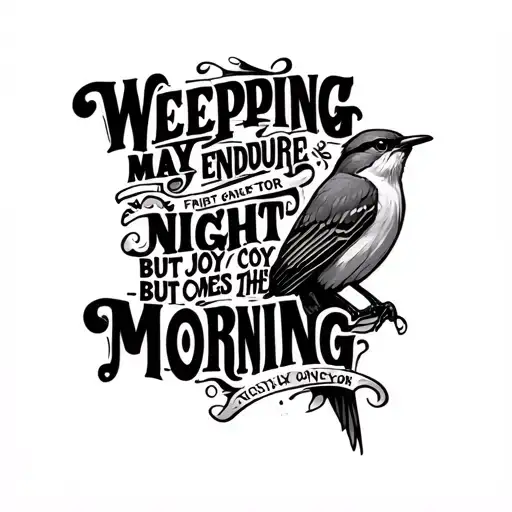 the quote “Weeping may endure for a night, but joy comes in the morning” and a mockingbird tattoo design idea