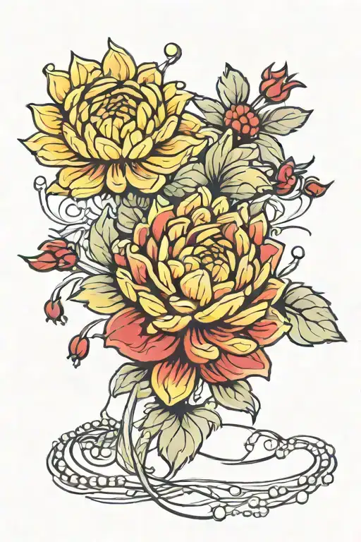 yellow Chrysanthemum 1 red rose, string pearls inside tattoo design idea