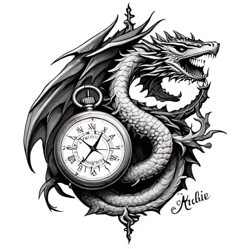 dragon intertwined with compass and pocket watches with names Archie and Hallie  tattoo design idea