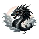 "Black dragon between clouds, hidden eye, fine lines, dark style, vertical, ribs." tattoo design idea