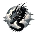 "Black dragon between clouds, hidden eye, fine lines, dark style, vertical, ribs." tattoo design idea