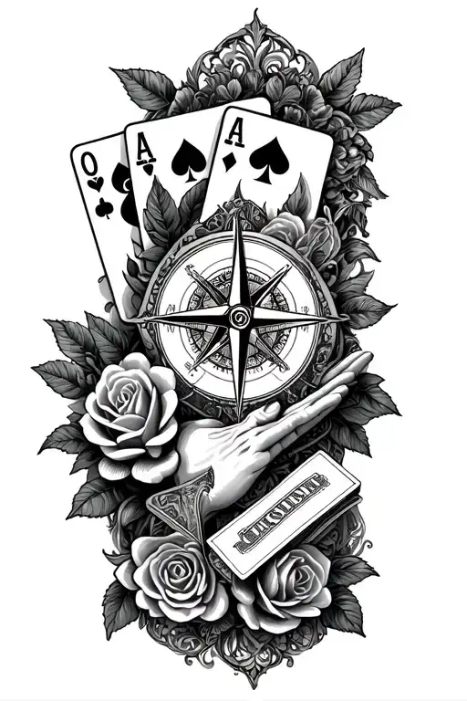 filigree design with playing cards, compass,roses, praying hands and cash money. tattoo design idea