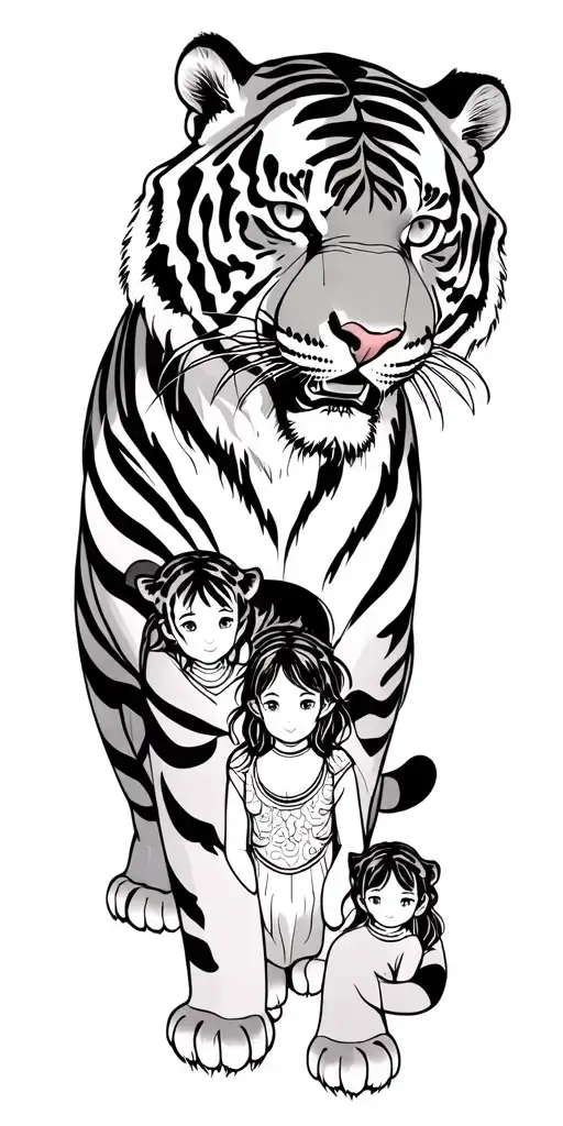 Japanese style tiger protecting family tattoo design idea