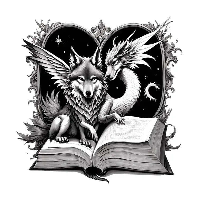book open surrounded by wolf fairy phoenix dragon wrapped tattoo design idea