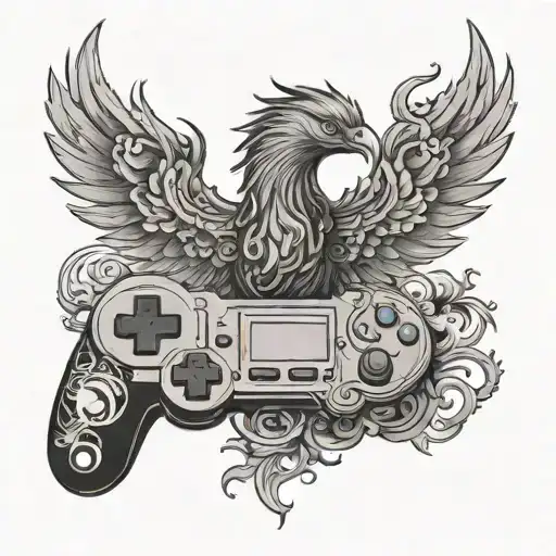 An intricate black and grey design of a phoenix rising from a video game controller tattoo design idea