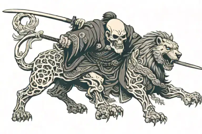 skull reaper king full body fighting a lion samurai   tattoo design idea