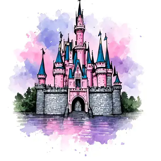 Cinderella's castle add pinks purples blues tattoo design idea