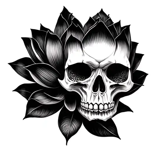 skull and black lotus flower blooming tattoo design idea