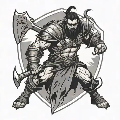 half orc fighter with battle axe and shield adorned silhouette tattoo design idea