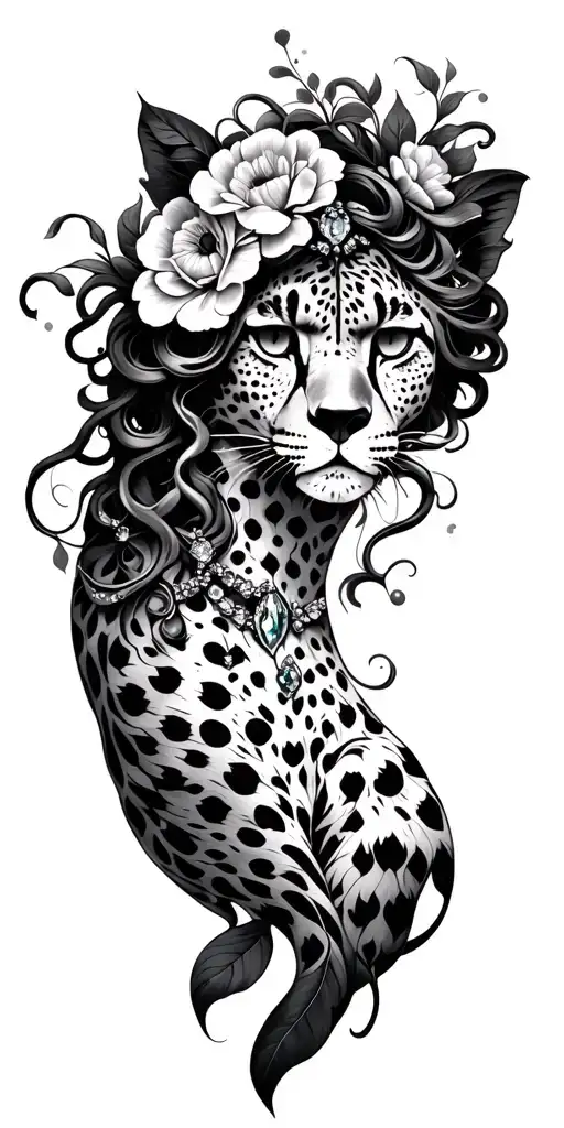 floral cheetah jewels Medusa Phoniex tattoo design idea