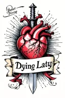 Dagger piercing heart with a banner reading "Dying Lately" tattoo design idea