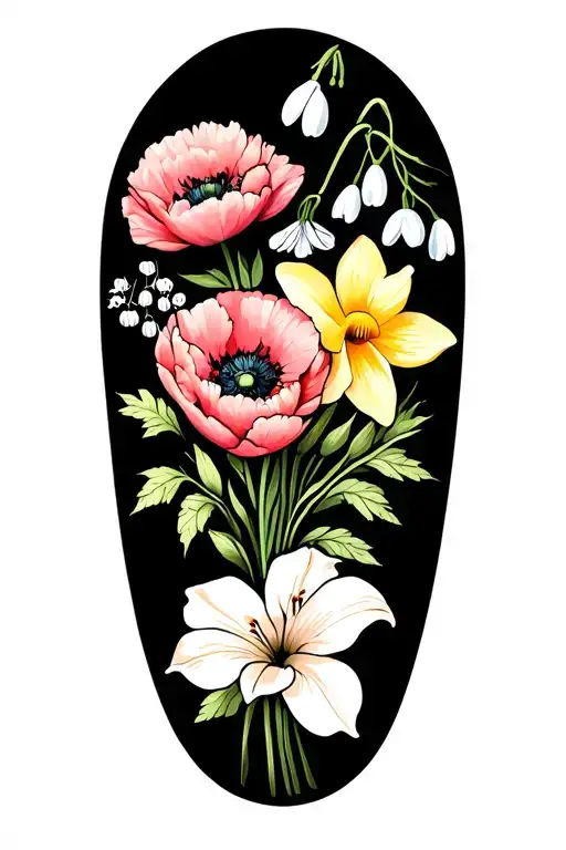 minimalist birth flower tattoo bouquet with a poppy, snowdrop, lily of the valley, peony, daffodil and morning glory tattoo design idea