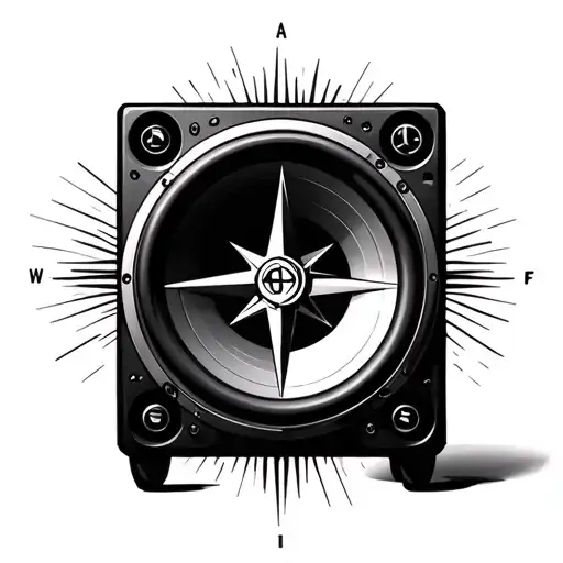 subwoofer is the body of a beatle, compass in the middle aurora soundwaves tattoo design idea