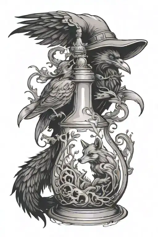 potion bottle, crow and fox tattoo design idea