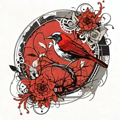 nightingale on a red background of a red circle in an arch entwined with a liana tattoo design idea