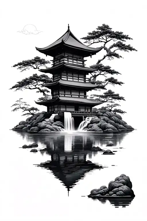 Japanese temple with bamboo and waterfall tattoo design idea