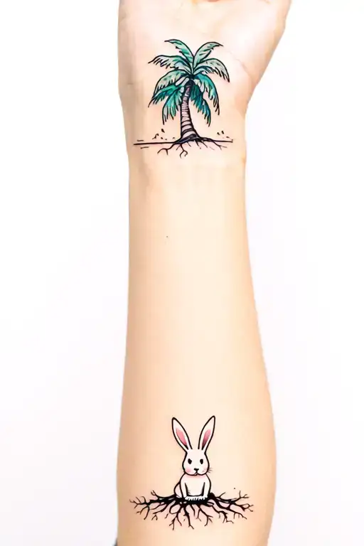Thin, straight horizon line on arm. Cute psychedelic rabbit sitting on the line with a palmtree with roots growing tattoo design idea