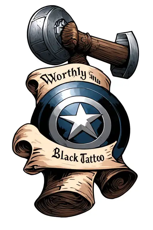 captain america shield with mjolnir and a scroll that says worthy  tattoo design idea