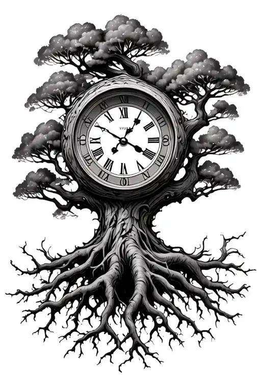Bare Branch Tree With Thick Roots And Clock Tattoo tattoo design idea