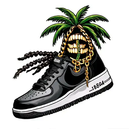 Palm tree with gold teeth grills with palm tree wick dreads and with a Haitian 1804 chain and black Air Force shoes  tattoo design idea