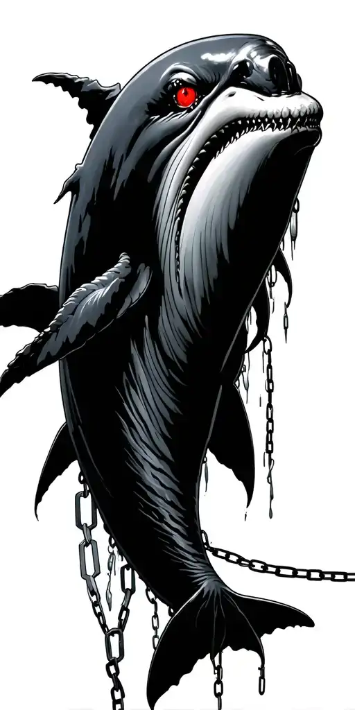 A regal dark whale with a under ocean ghost eyes glowing red.Chains and harpoons hang broken from its body scary tattoo design idea