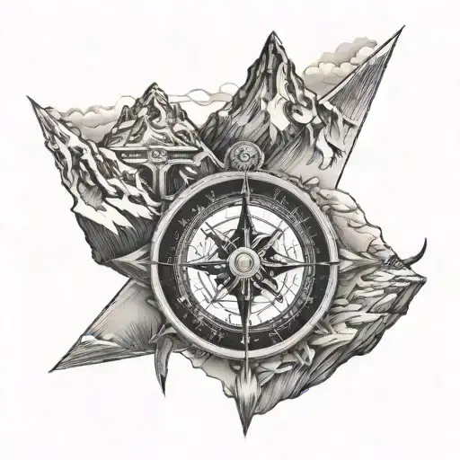 a compass card mer with mount everest on north arrow tattoo design idea