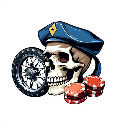 Traditional tattoo style: 3/4 view skull with a newsboy cap, with two poker chips and a motorcycle wheel behind the skul tattoo design idea