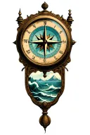  Antique compass (needle NE) over faded clock face (time). Background with mountains & ocean waves (adventure) tattoo design idea