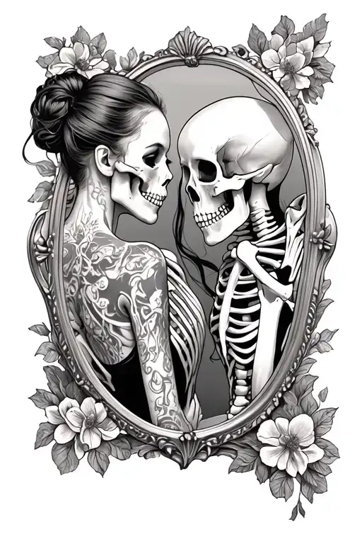 women looking in a mirror and the reflection is a skeleton  tattoo design idea