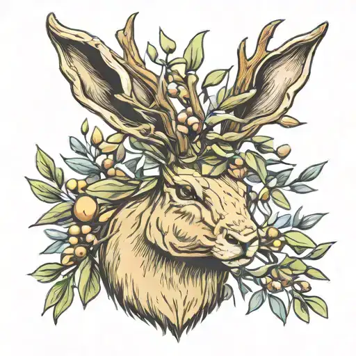 jackalope head with olive branches for antlers  tattoo design idea