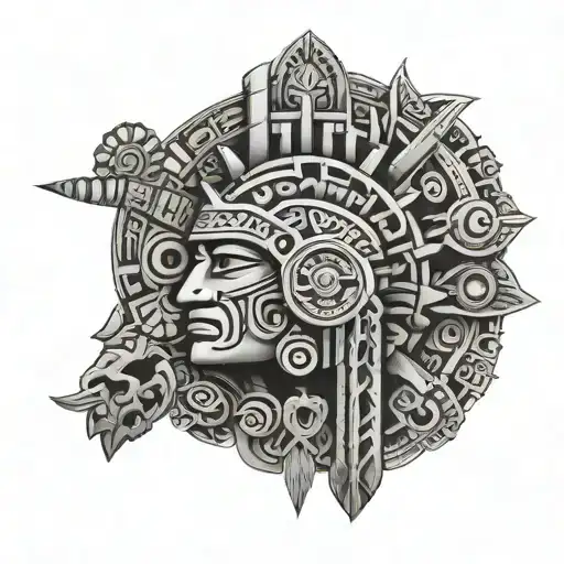 Mayan Aztec and Incan symbols united in a similar way to Polynesian tattoos on a full arm sleeve tattoo design idea