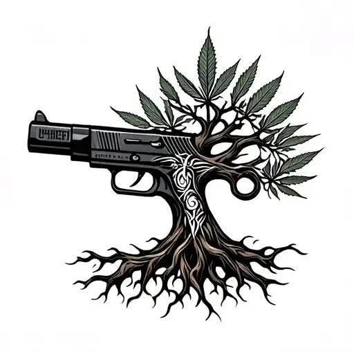 cannabis gun tree of life igdrasil tattoo design idea