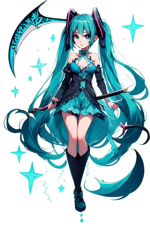 hatsune miku whitch scythe hovering whitch small stars tattoo design idea