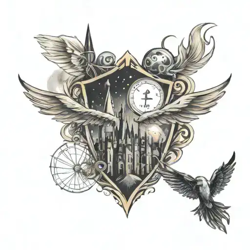 harry potter tattoo with the castle, the golden snitch, the deathly hallows and the spell expecto patronum tattoo design idea