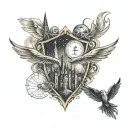 harry potter tattoo with the castle, the golden snitch, the deathly hallows and the spell expecto patronum tattoo design idea