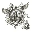 harry potter tattoo with the castle, the golden snitch, the deathly hallows and the spell expecto patronum tattoo design idea