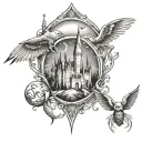 harry potter tattoo with the castle, the golden snitch, the deathly hallows and the spell expecto patronum tattoo design idea