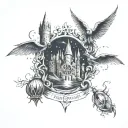 harry potter tattoo with the castle, the golden snitch, the deathly hallows and the spell expecto patronum tattoo design idea
