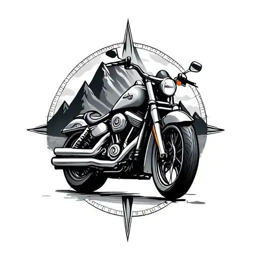 motorcycle mountains compass tattoo design idea
