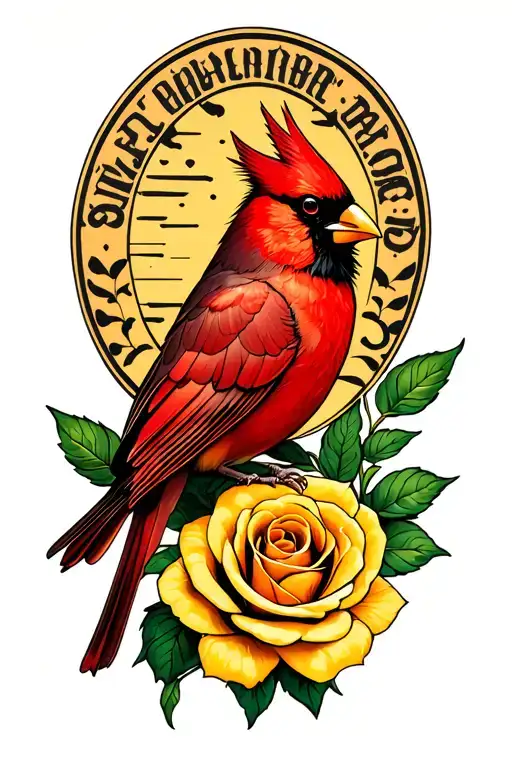 cardinal sitting on yellow rose tattoo design idea