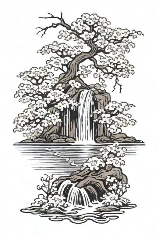 cherry blossom tree in bloom with a waterfall in the background  tattoo design idea