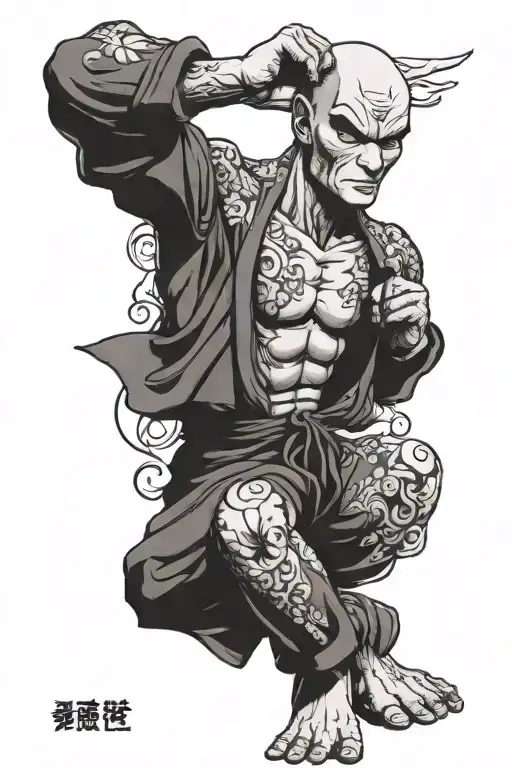 kid buu doing bruce lee pose tattoo design idea