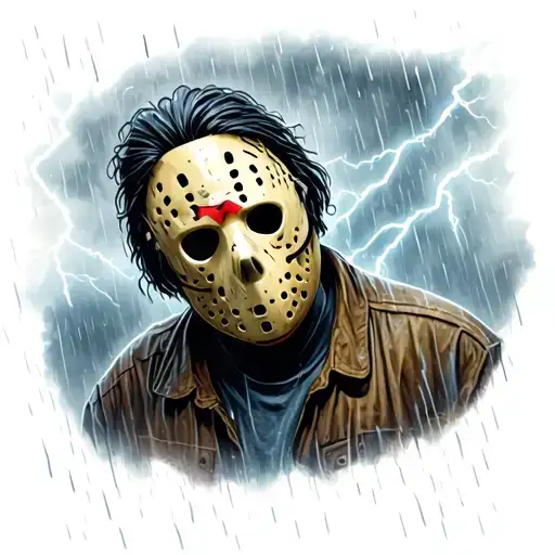 A colored tattoo with Jason Vorhees in a rainstorm with lightning in the background tattoo design idea