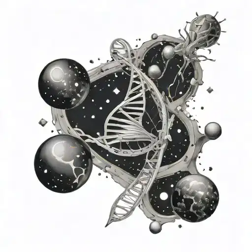 DNA in the form of a nebula flying in the universe from above, God in the form of stars from below, an alien in the form of a constellation tattoo design idea