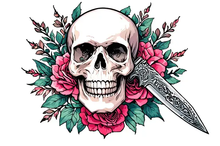 Dark romance knife skull tattoo design idea
