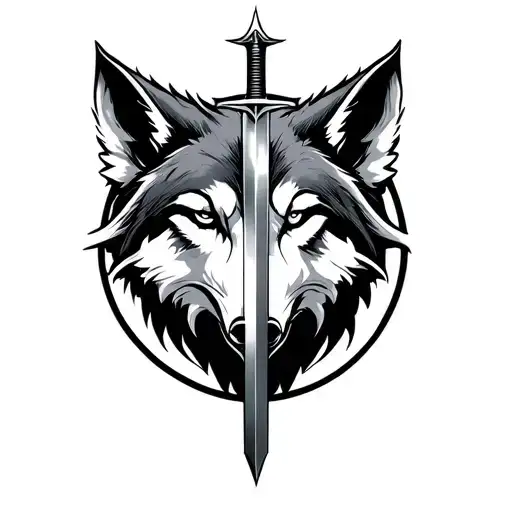 The ideal tattoo for you: a stylized wolf surrounded by a circle with a small vertical sword in the center and a small tattoo design idea