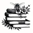 book stack and florals typwritter and bee tattoo design idea