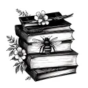 book stack and florals typwritter and bee tattoo design idea